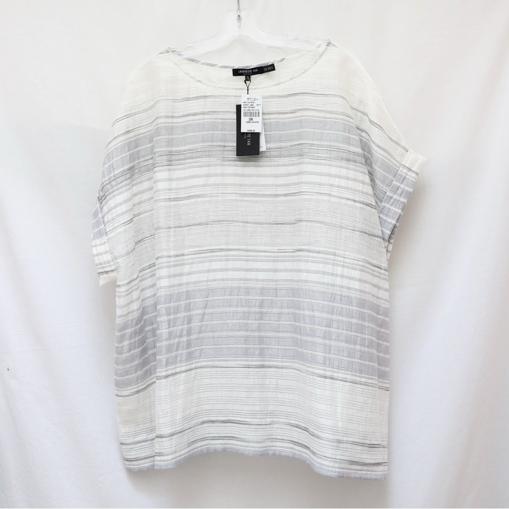 NWT Lafayette 148 Short sleeve top white linen blouse 3X satin striped new plus